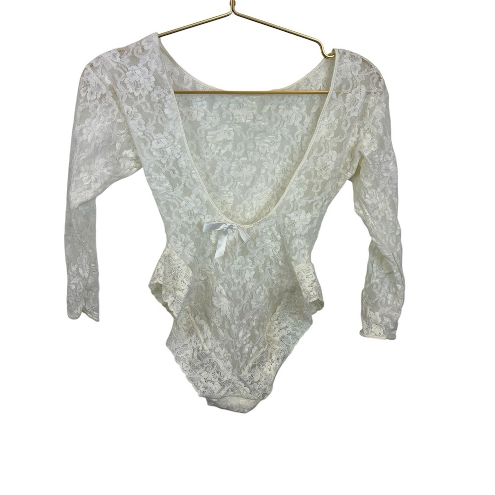 Vintage Bridal Bow Coquette One Piece Bodysuit Lace 100% Nylon USA Sz S?